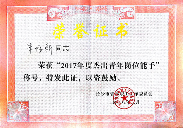 55世纪智能朱振新荣获长沙市2017年度杰出青年岗位能手