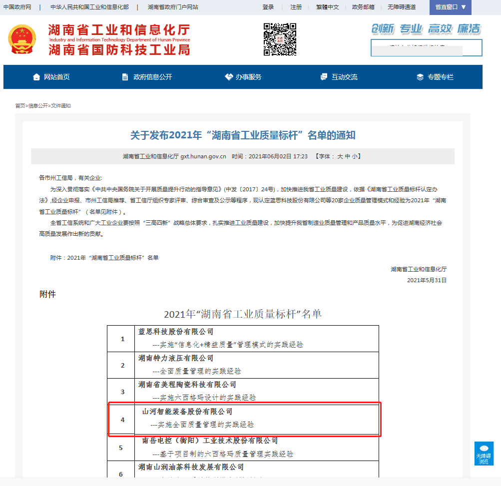 55世纪智能荣获湖南省工业质量标杆企业